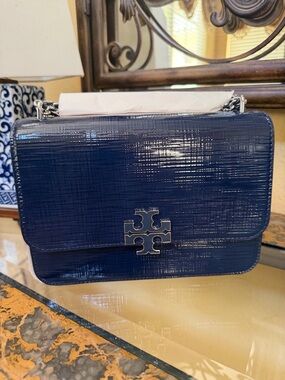 Tory Burch Glossy Navy Patent Leather Shoulder Bag with Silver Logo